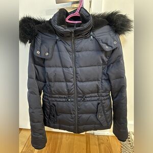 Zara down Navy Puffer Jacket with faux Fur Trim